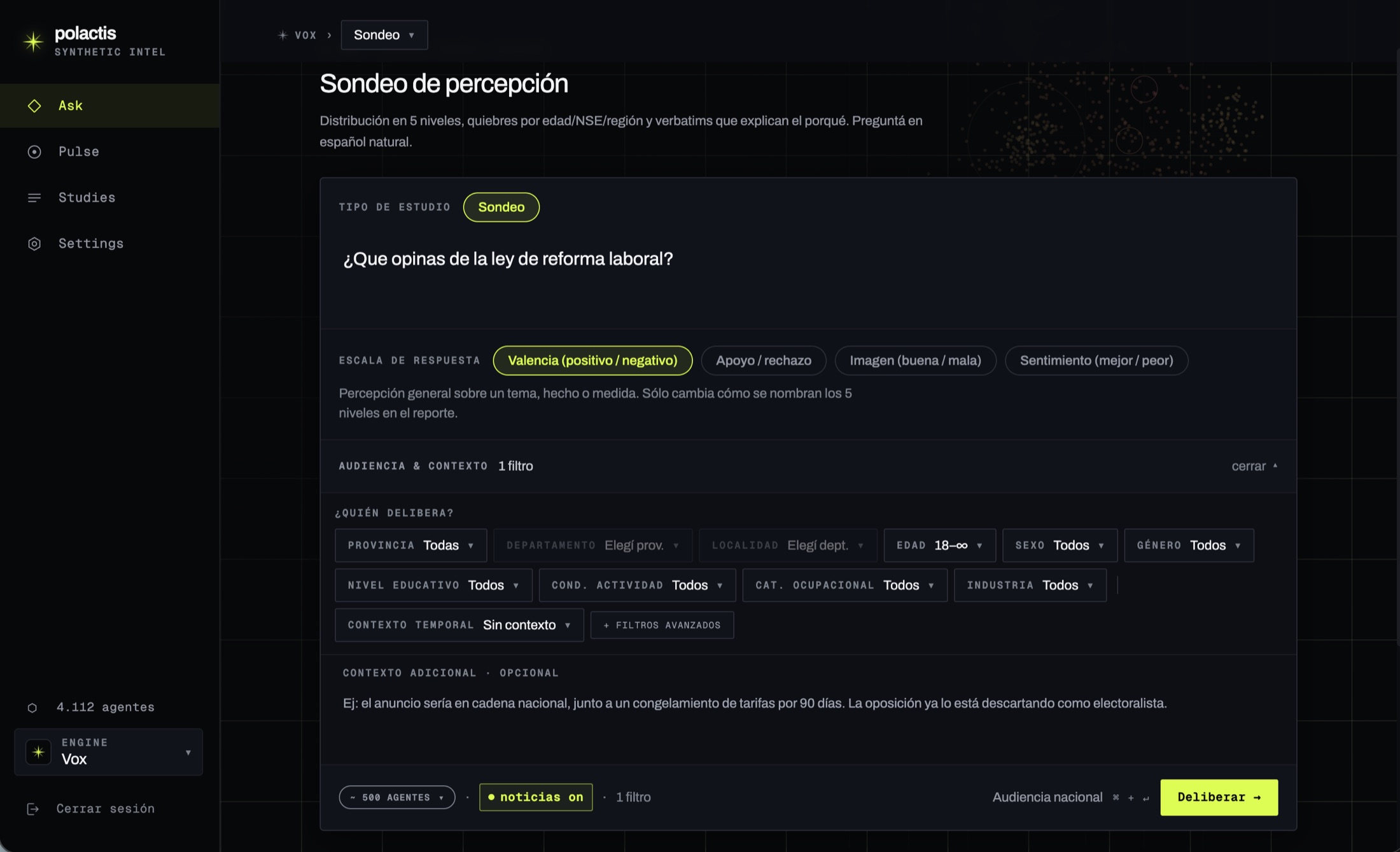 Pantalla de creación de un estudio en Polactis, con los filtros de audiencia desplegados: provincia, departamento, localidad, edad, sexo, género, nivel educativo, condición de actividad, categoría ocupacional e industria.